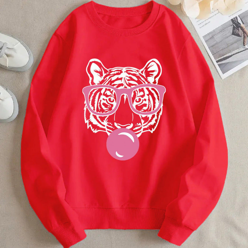 Ladies' casual round neck sweatshirt with cartoon bubble tiger avatar printed on it