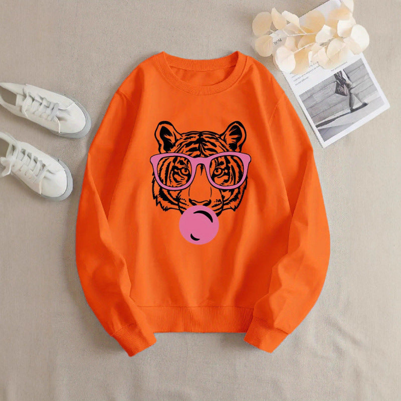 Ladies' casual round neck sweatshirt with cartoon bubble tiger avatar printed on it