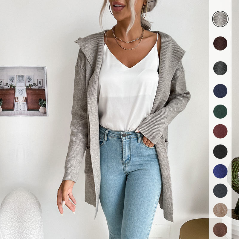 Long Sleeve Hooded Knit Cardigan Sweater Coat