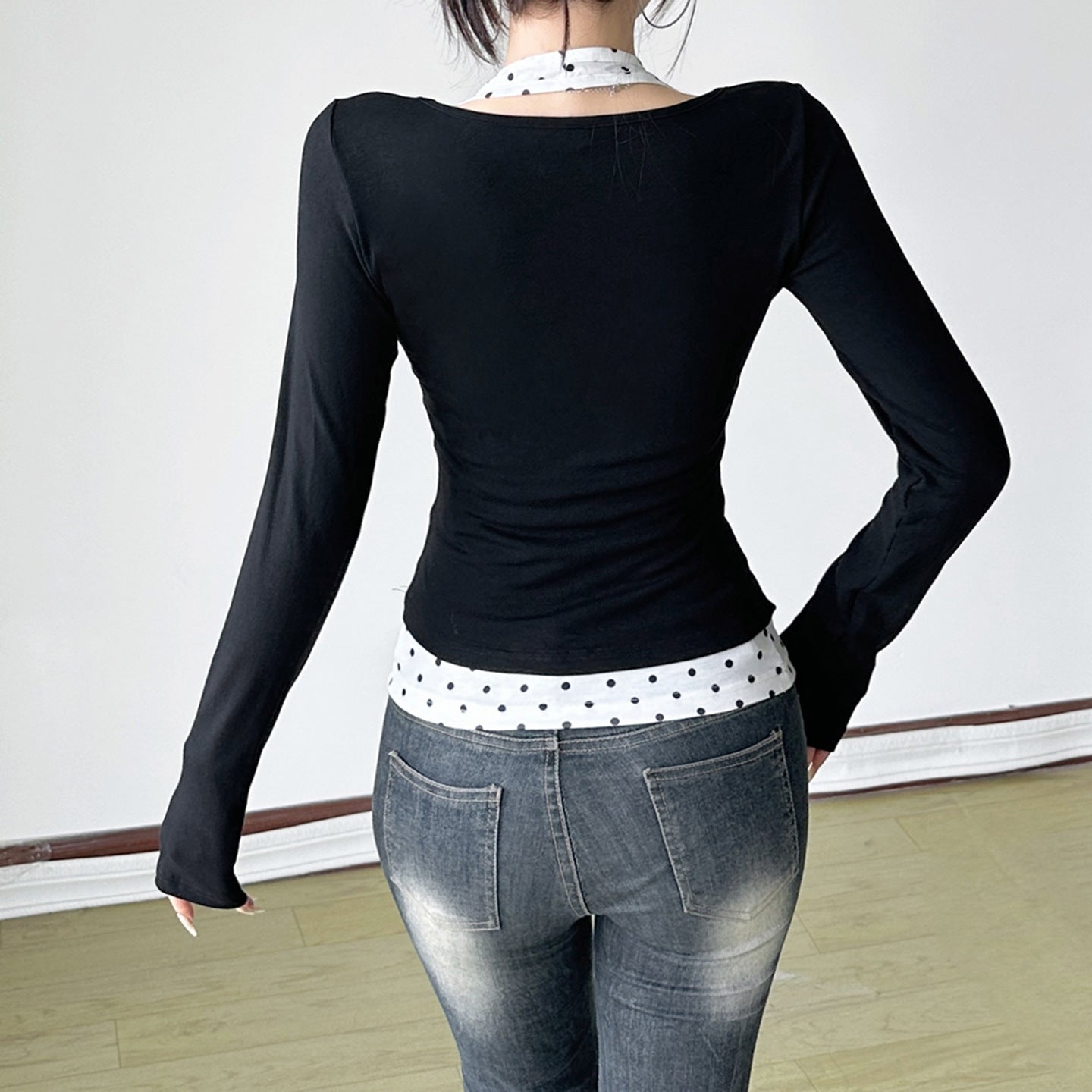 Print Spliced True Two-Piece V-Neck Long Sleeve Crop Top Inner Wear