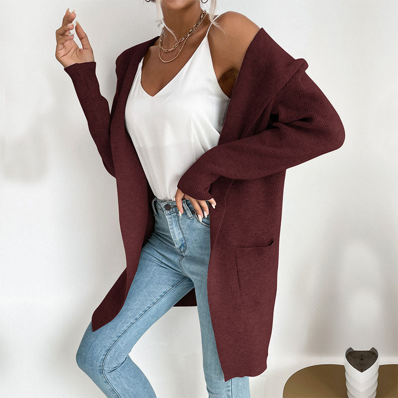 Long Sleeve Hooded Knit Cardigan Sweater Coat