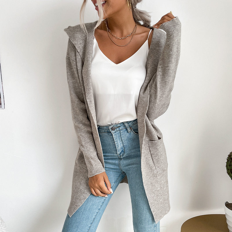 Long Sleeve Hooded Knit Cardigan Sweater Coat