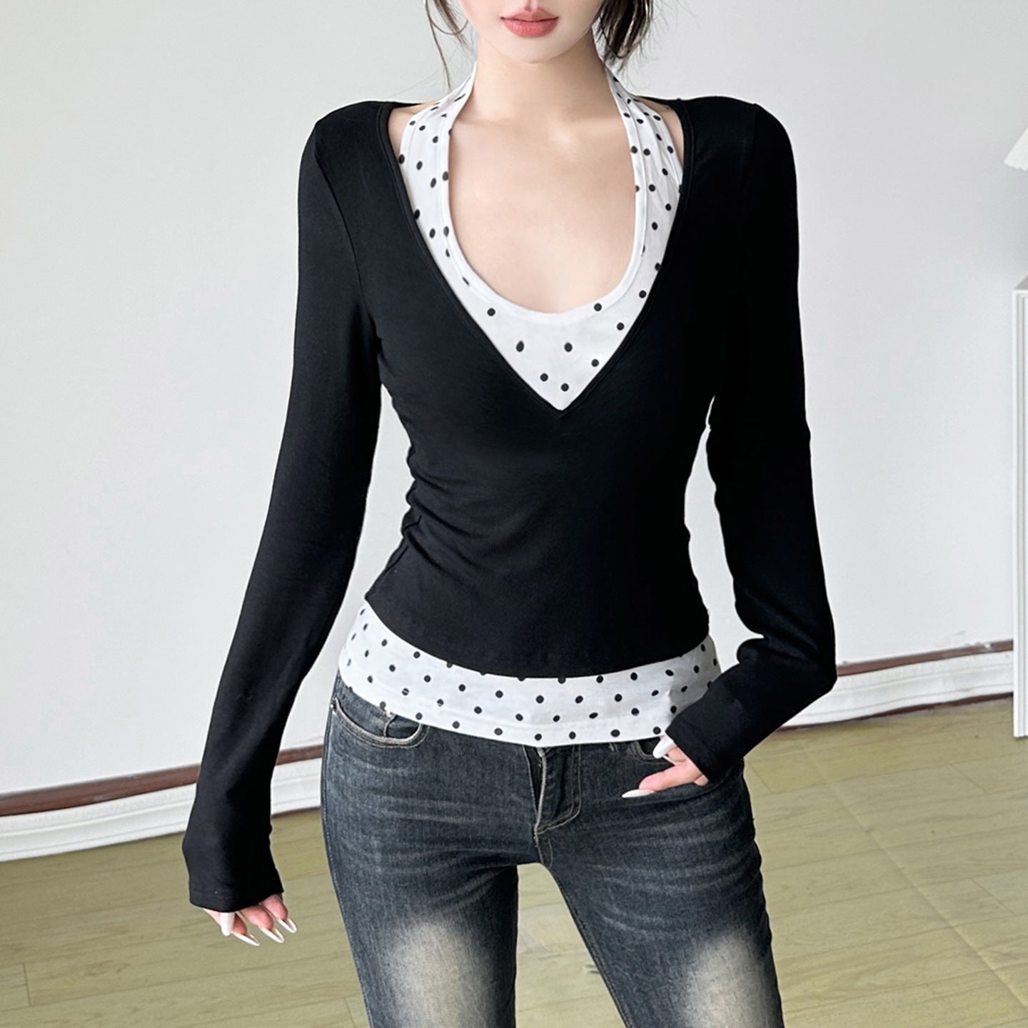 Print Spliced True Two-Piece V-Neck Long Sleeve Crop Top Inner Wear