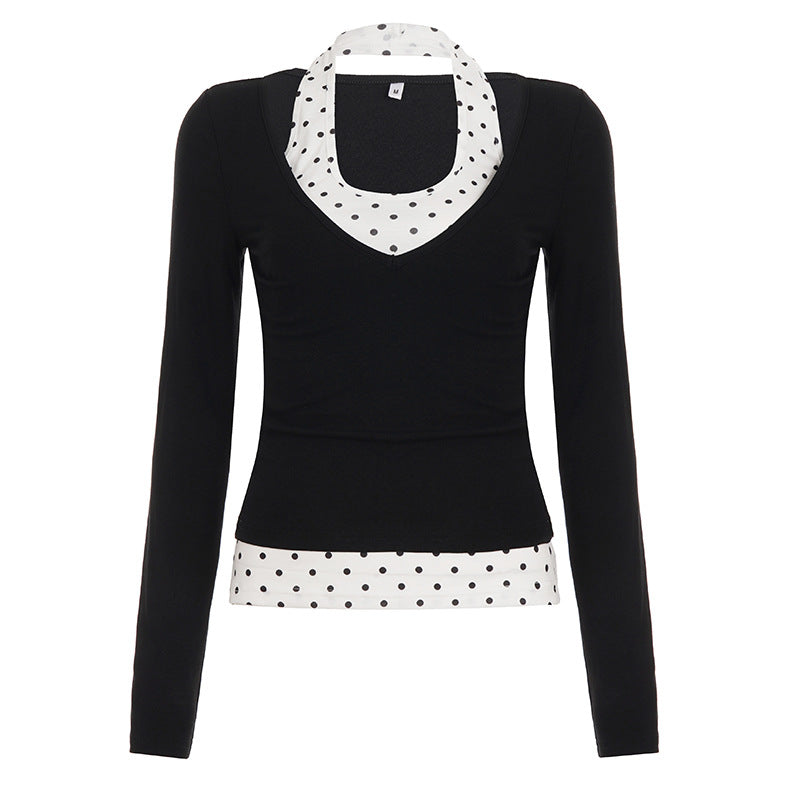 Print Spliced True Two-Piece V-Neck Long Sleeve Crop Top Inner Wear