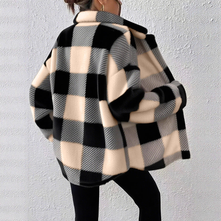 Ladies' casual plaid plush button front jacket