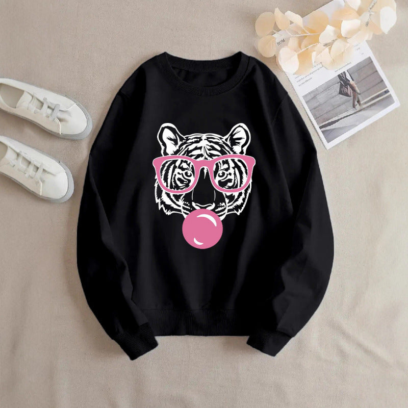Ladies' casual round neck sweatshirt with cartoon bubble tiger avatar printed on it