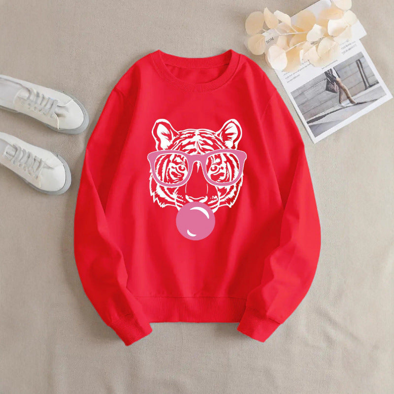 Ladies' casual round neck sweatshirt with cartoon bubble tiger avatar printed on it