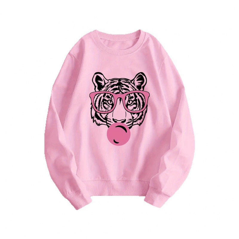 Ladies' casual round neck sweatshirt with cartoon bubble tiger avatar printed on it