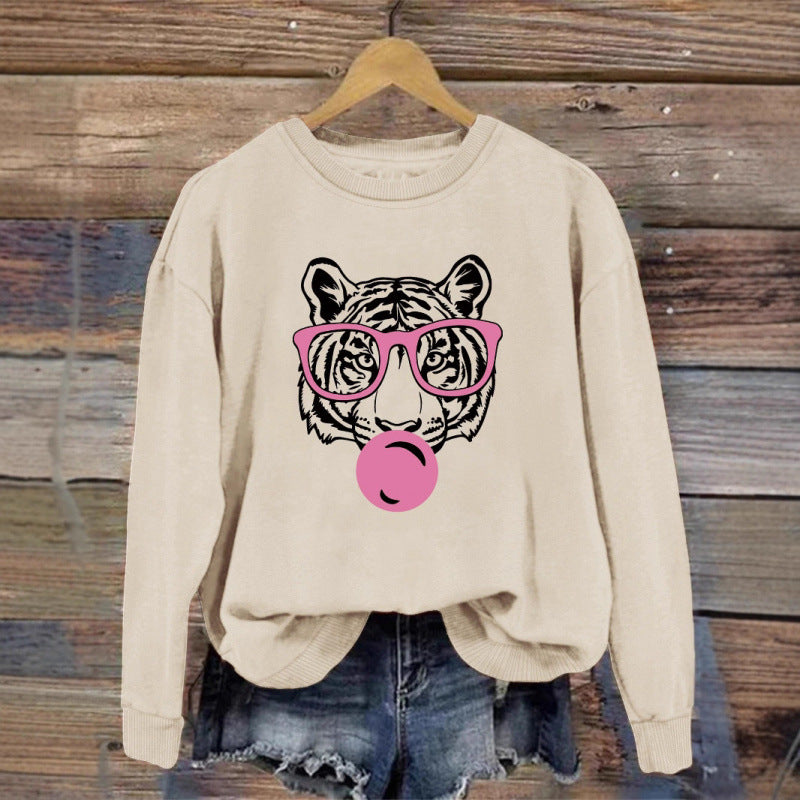 Ladies' casual round neck sweatshirt with cartoon bubble tiger avatar printed on it