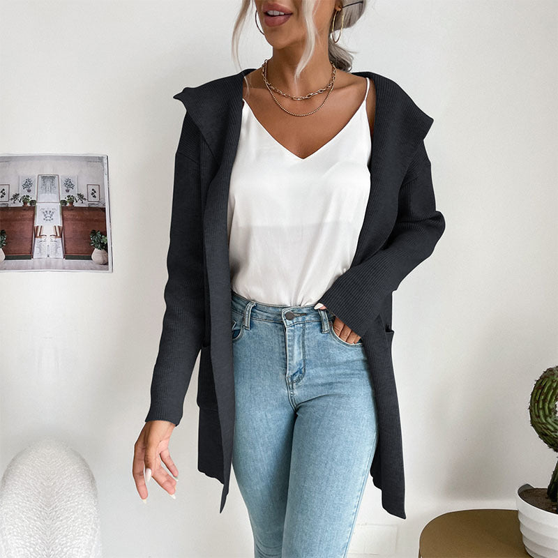 Long Sleeve Hooded Knit Cardigan Sweater Coat