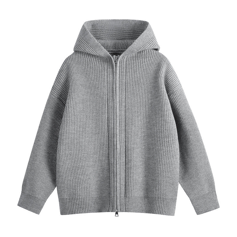 Solid Color Ribbed Double-Zip Hooded Cardigan Sweater Coat
