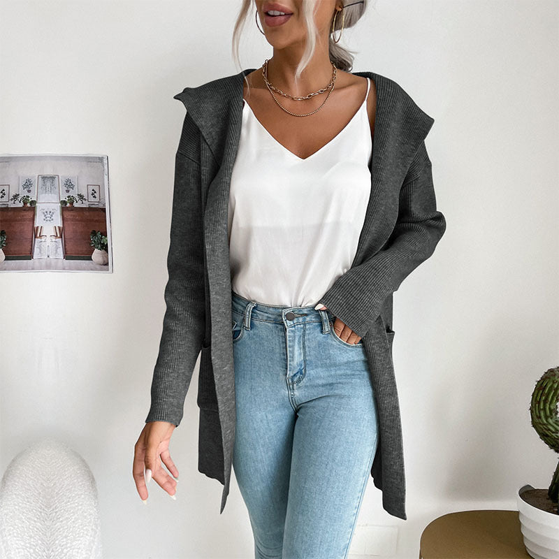 Long Sleeve Hooded Knit Cardigan Sweater Coat