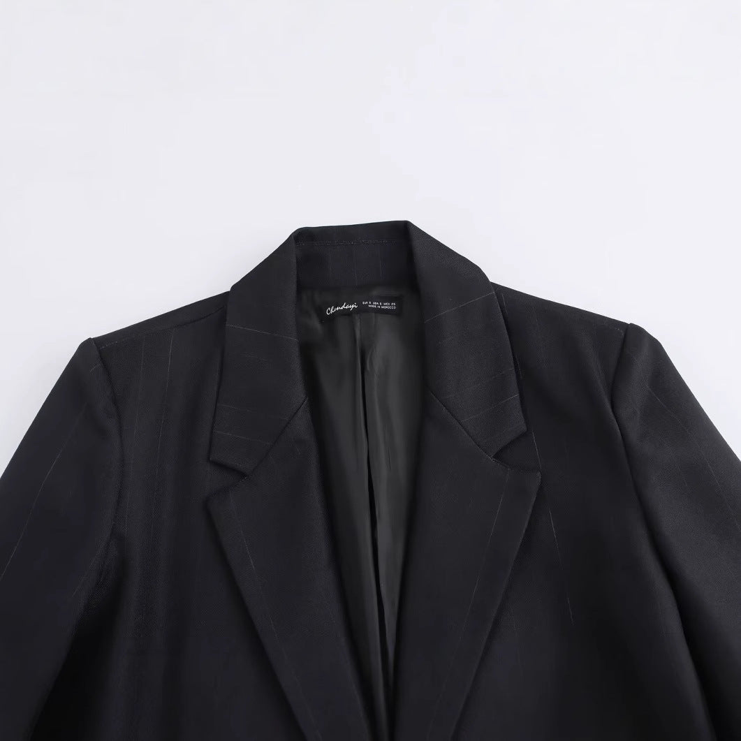 Striped straight tube coat with temperament long suit jacket