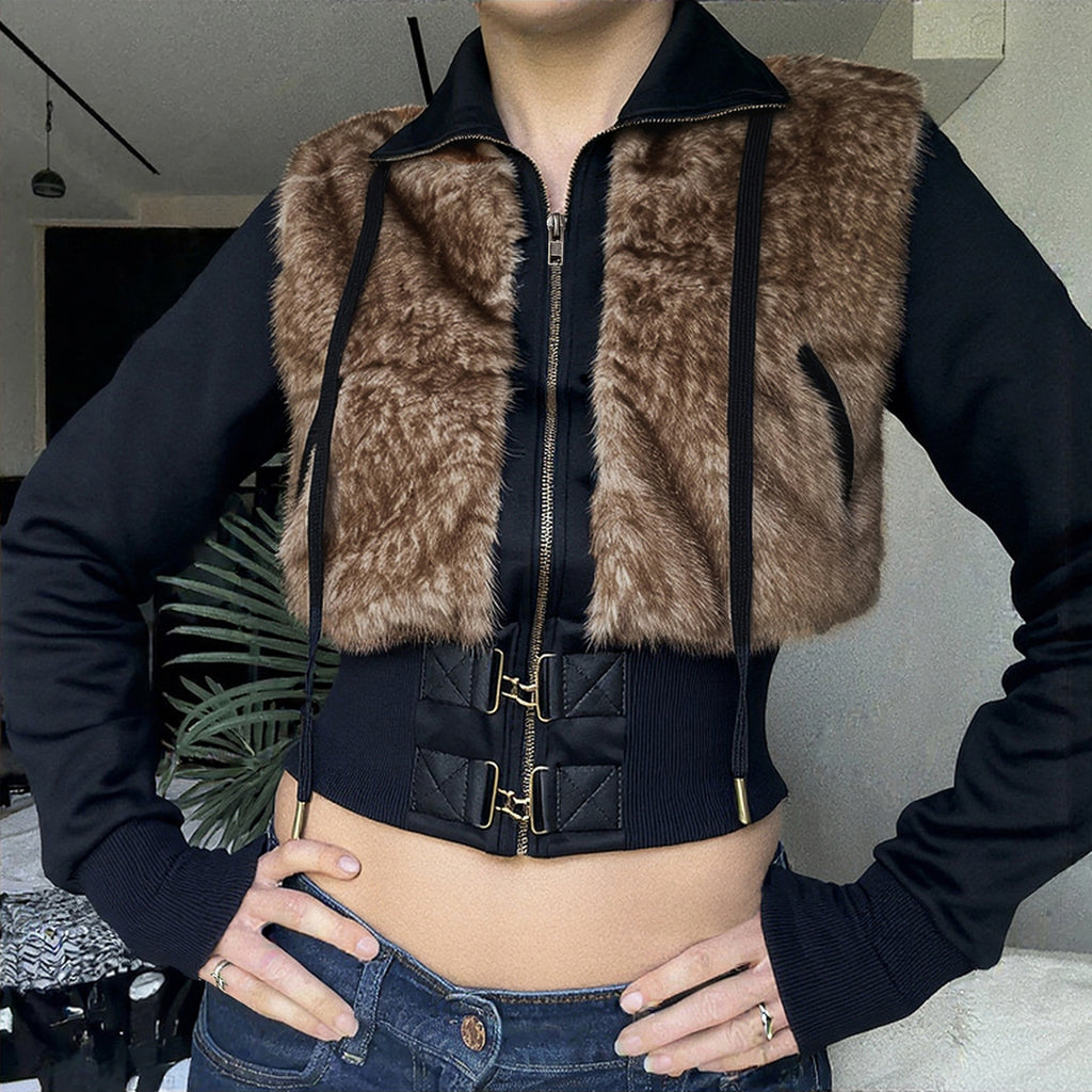 Street Style  Faux Fur Patchwork Vintage Brown Zipper Short Padded Stand Collar Jacket Women's Cargo Hoodie
