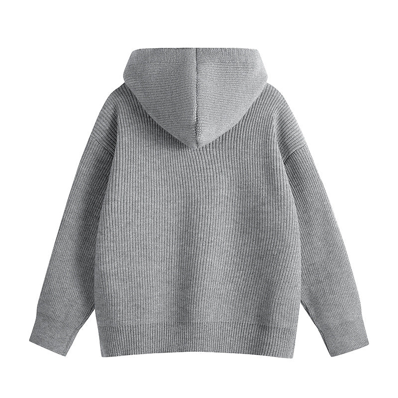 Solid Color Ribbed Double-Zip Hooded Cardigan Sweater Coat