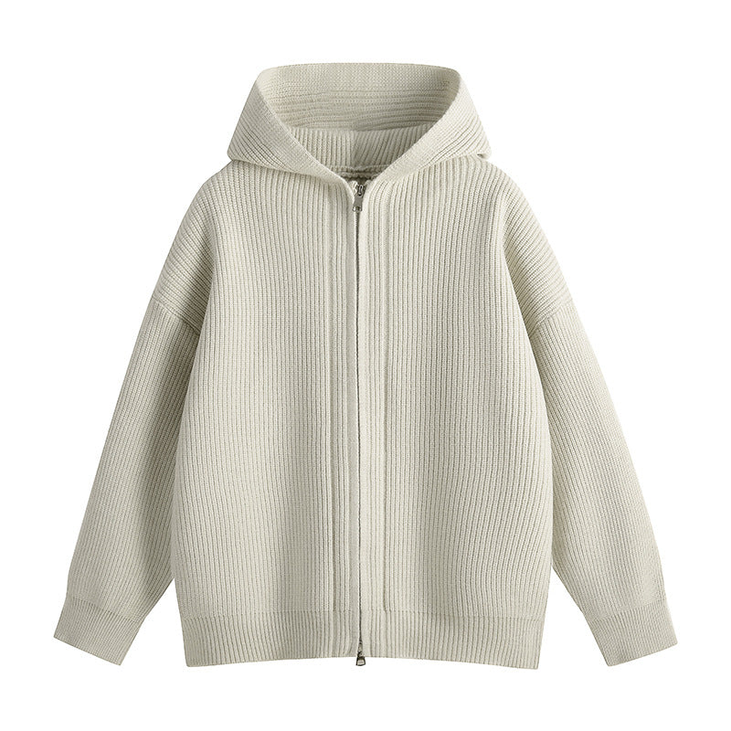 Solid Color Ribbed Double-Zip Hooded Cardigan Sweater Coat