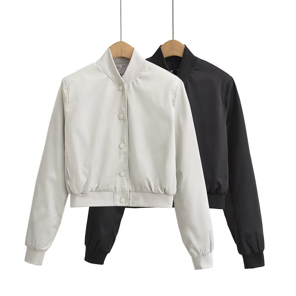 Round neck single breasted solid color jacket for women