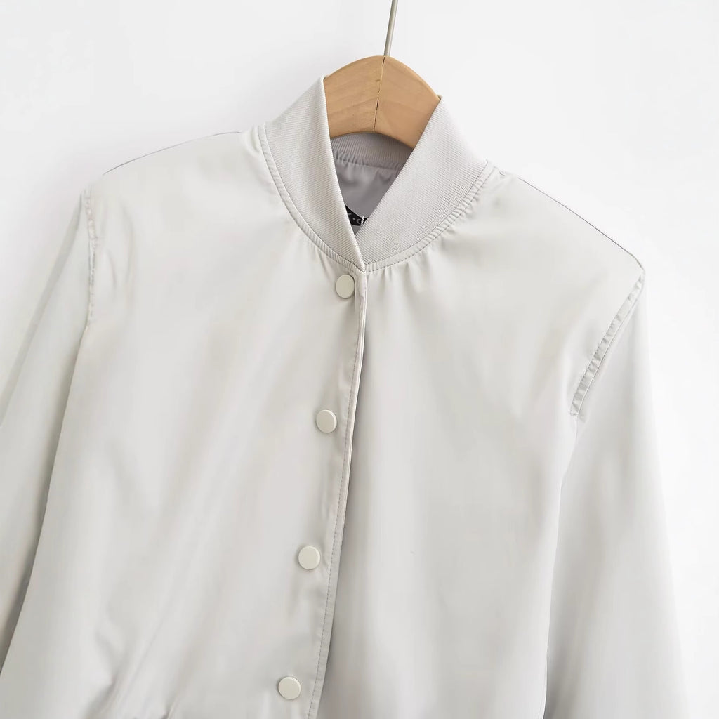 Round neck single breasted solid color jacket for women