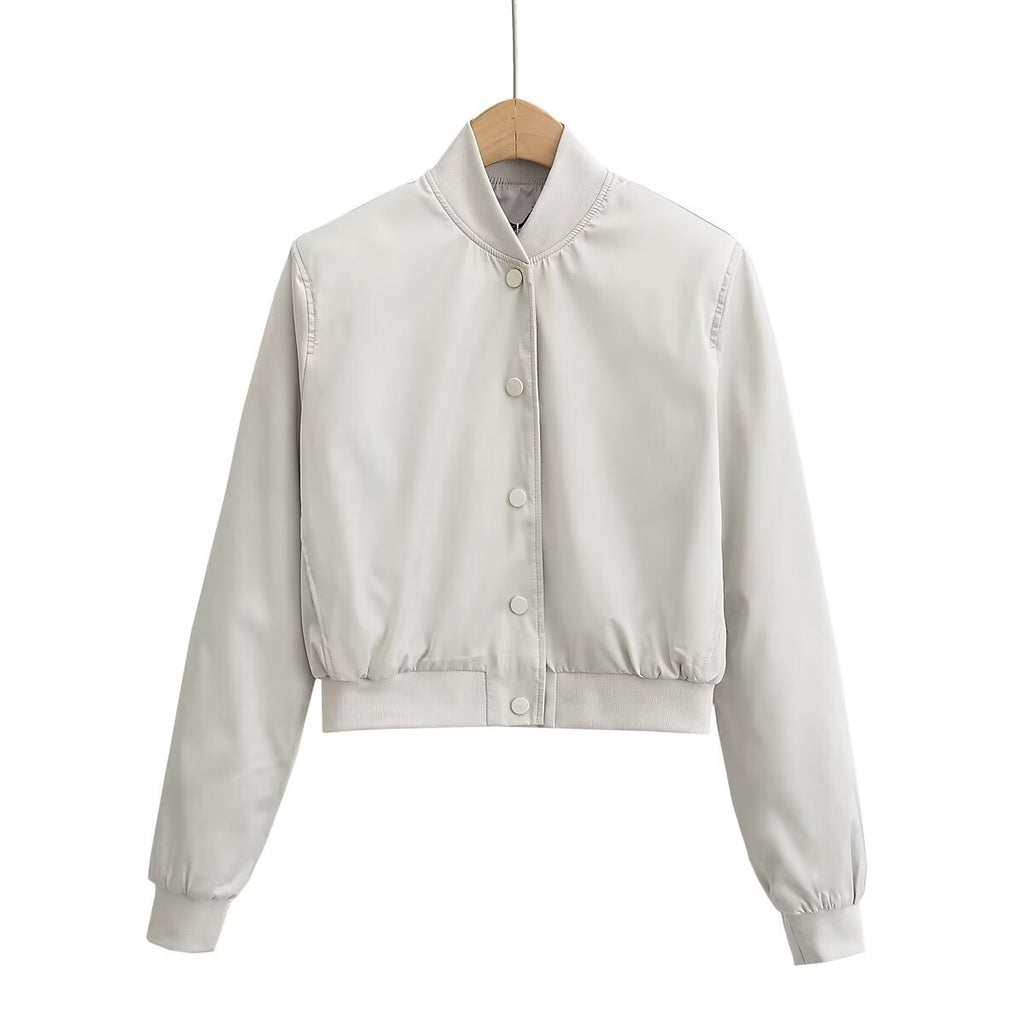 Round neck single breasted solid color jacket for women
