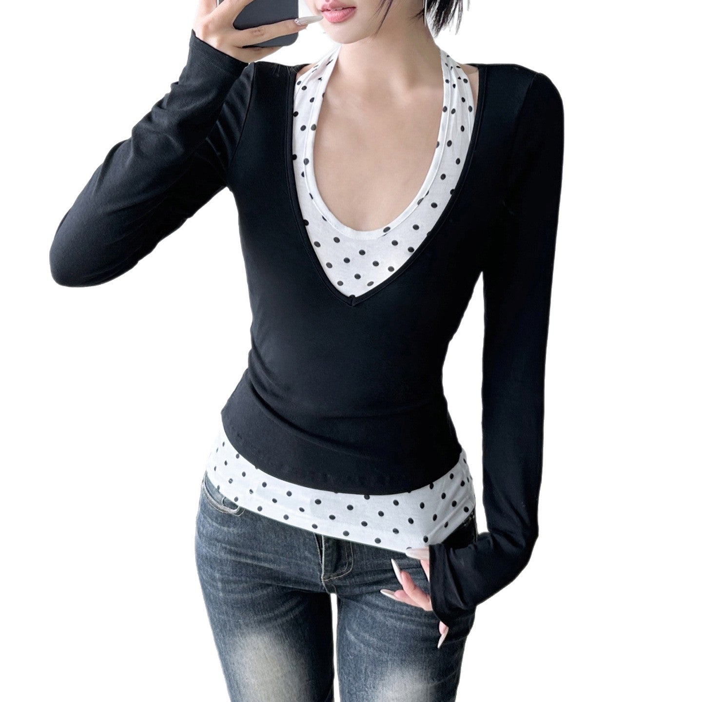 Print Spliced True Two-Piece V-Neck Long Sleeve Crop Top Inner Wear