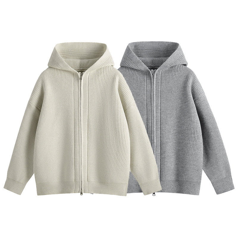 Solid Color Ribbed Double-Zip Hooded Cardigan Sweater Coat