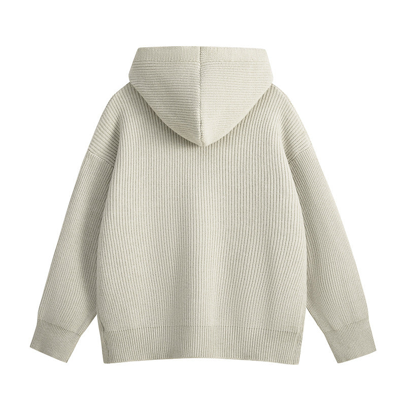 Solid Color Ribbed Double-Zip Hooded Cardigan Sweater Coat